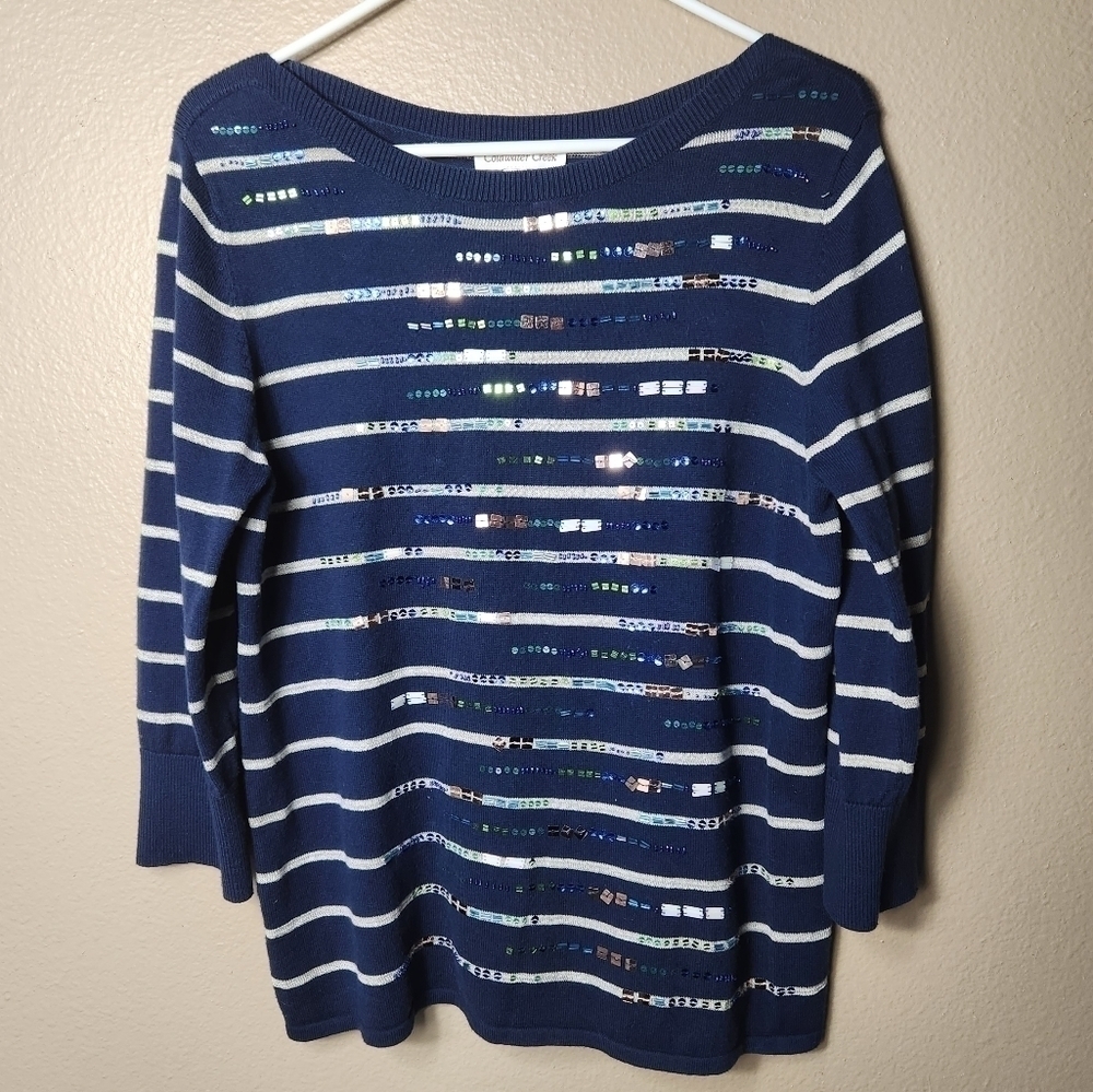 Coldwater Creek Stripe Bead Sequin Embellished Navy/Gray 3/4 Slv Sweater-Size M